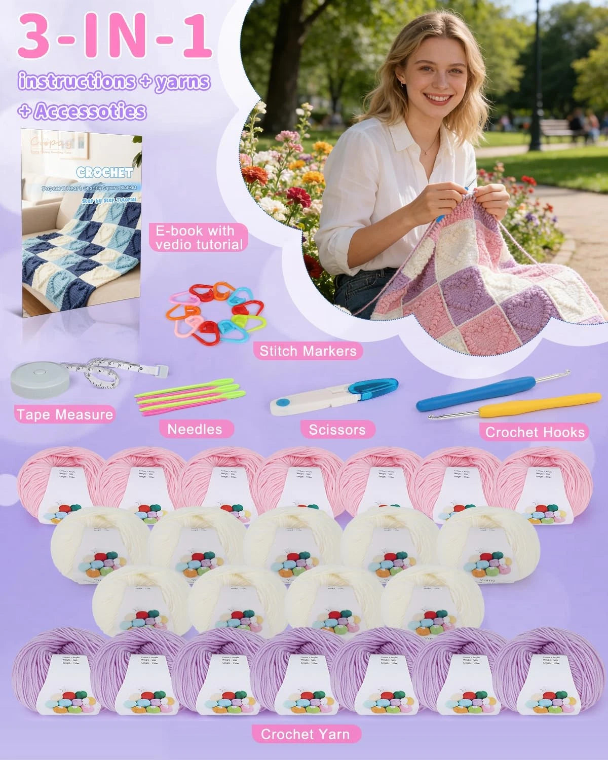 Coopay Crochet Kit for Beginners, GS Blanket Kit, Pinkish-Purple Heart-Shaped