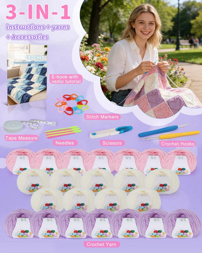 Coopay Crochet Kit for Beginners, GS Blanket Kit, Pinkish-Purple Heart-Shaped