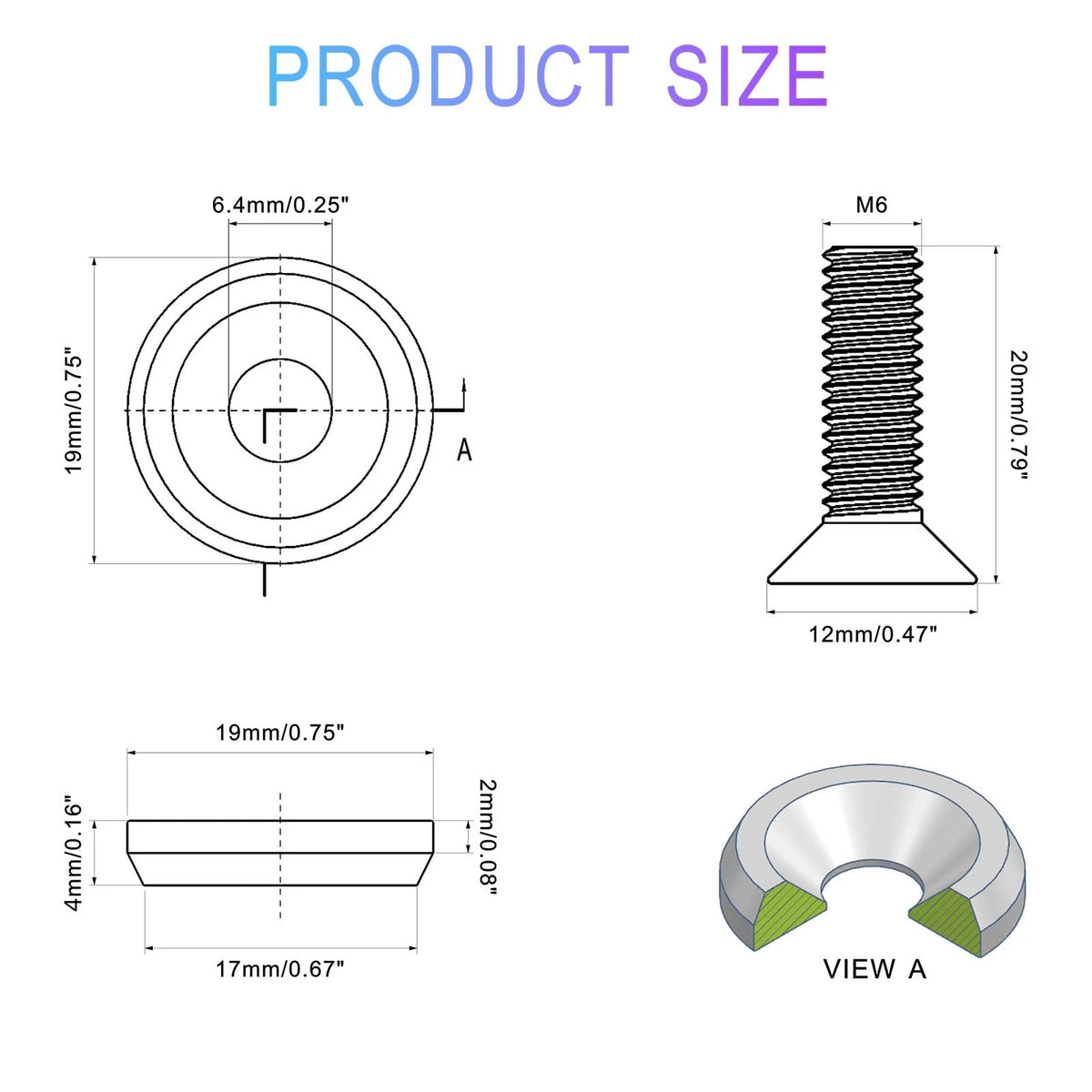 20 pcs CNC Finishing Countersunk Washer,M6x20mm 304 19 millimeters, Silvery