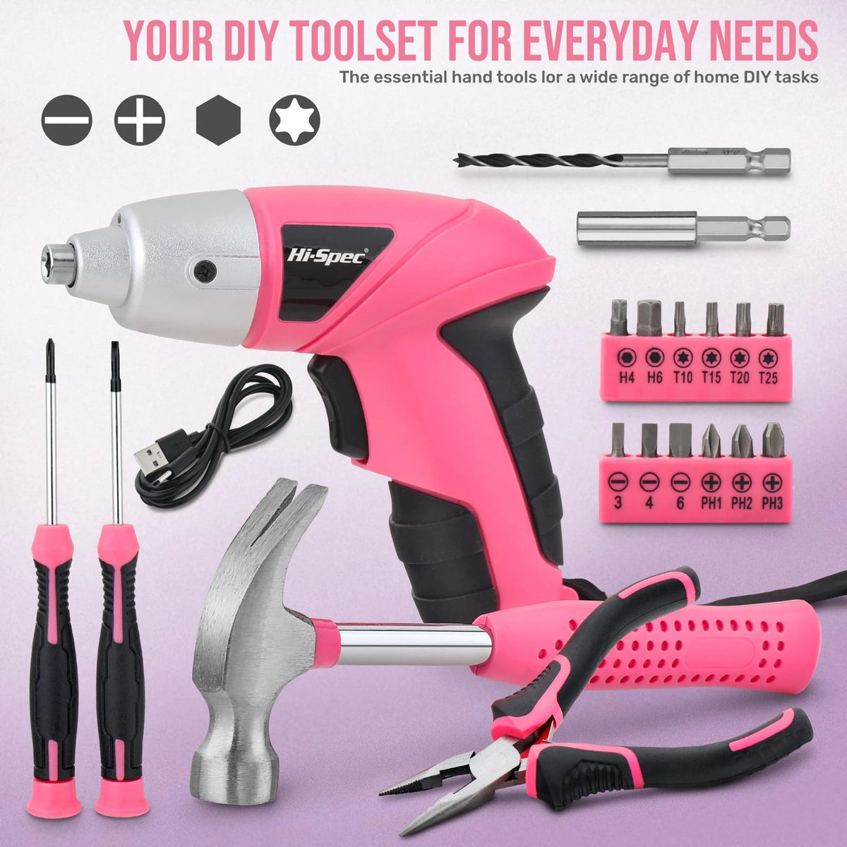 Hi-Spec Cordless Electric Screwdriver, Power Screw Driver 19pc, Light Pink