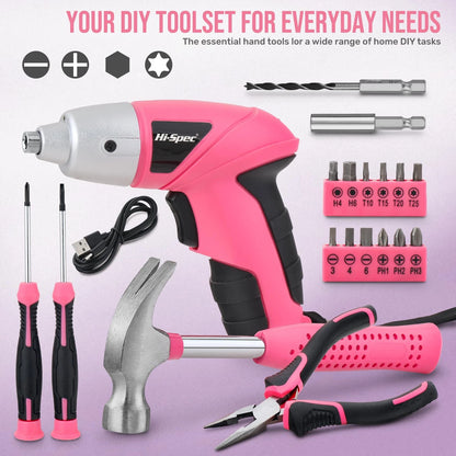 Hi-Spec Cordless Electric Screwdriver, Power Screw Driver 19pc, Light Pink