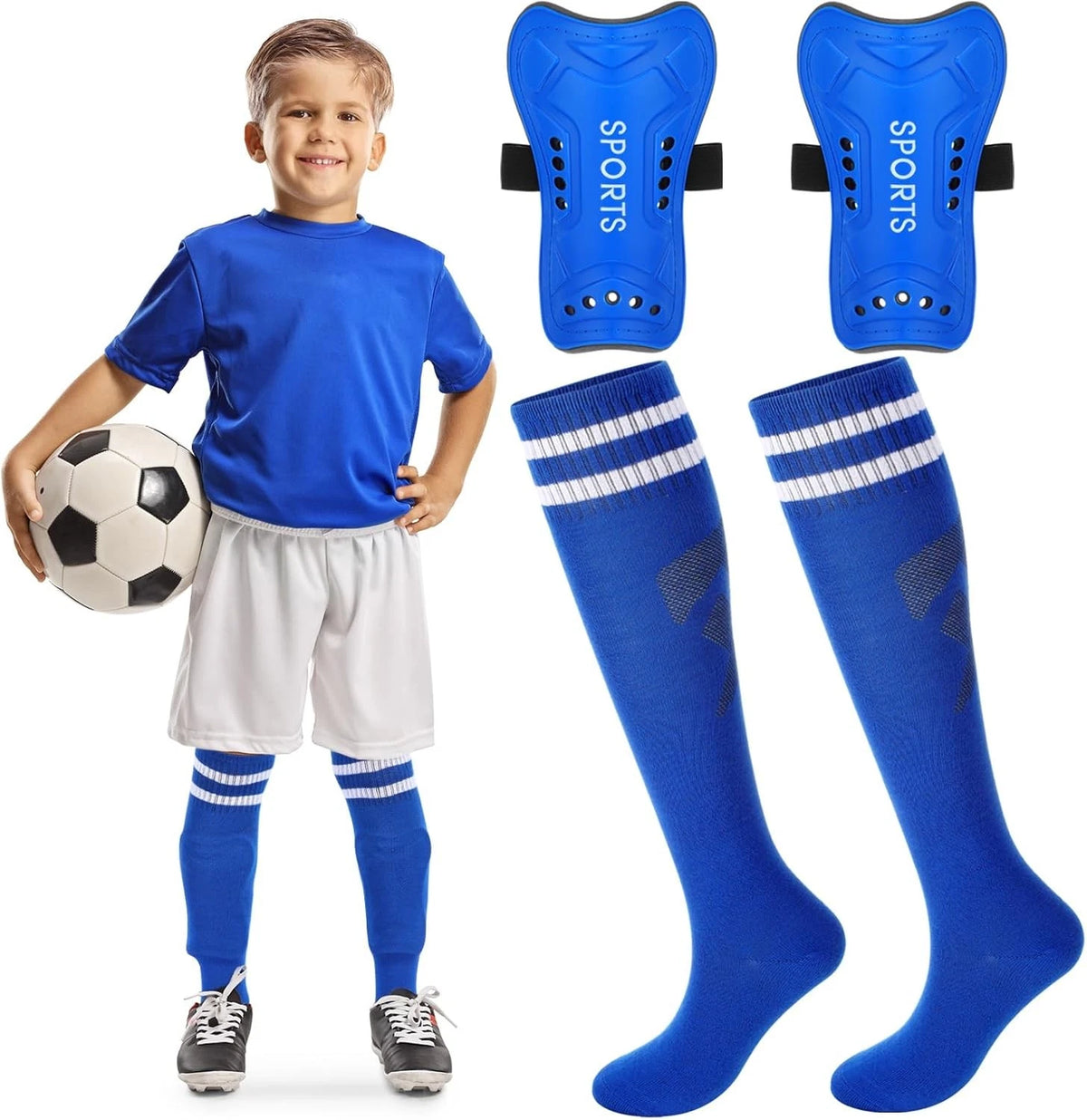 Syhood Soccer Shin Guards and Socks for Toddler Kids Youth, M Size, Blue