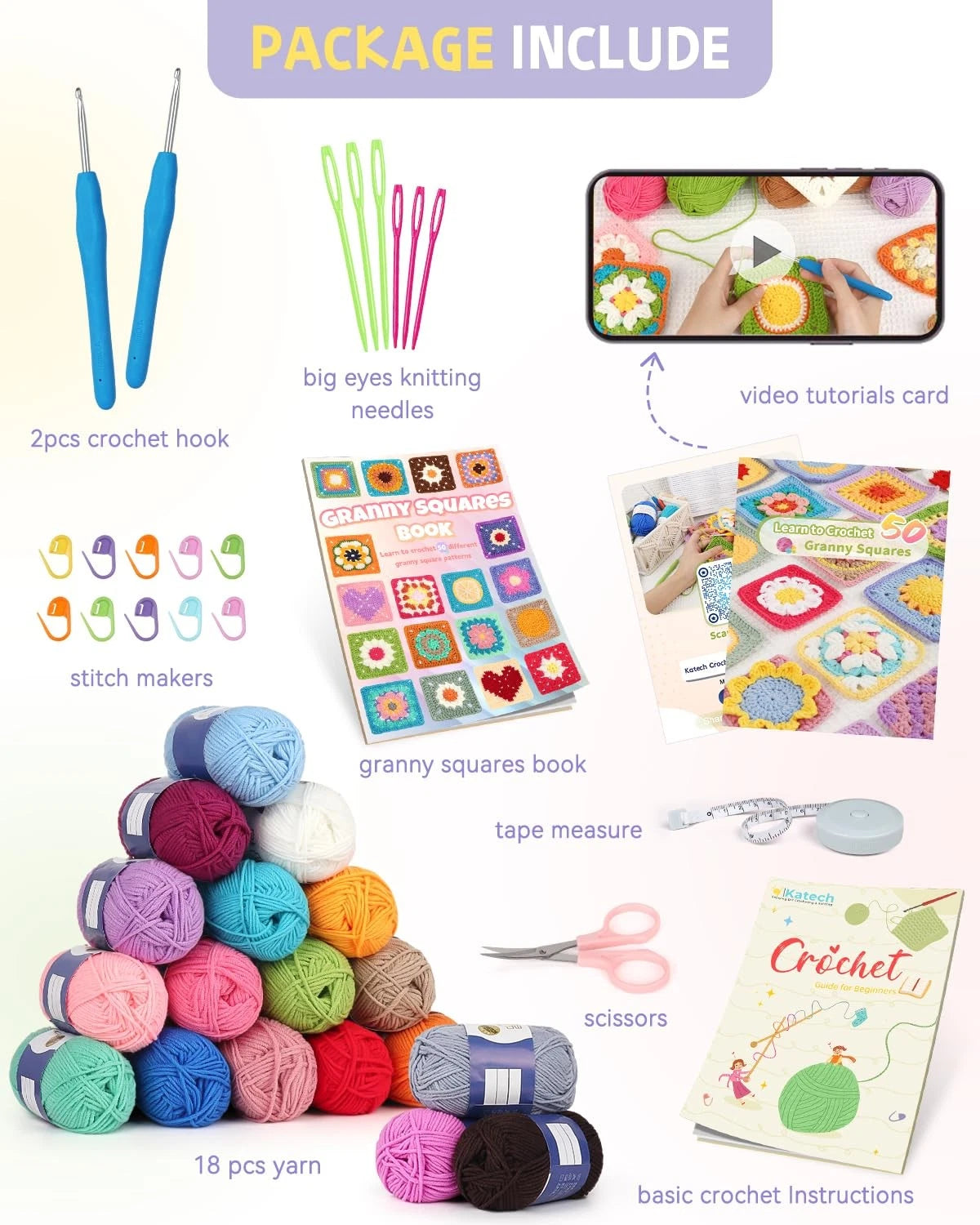 Katech Crochet Kit for Beginners, 50 Floral Small, Blue-purple gradient