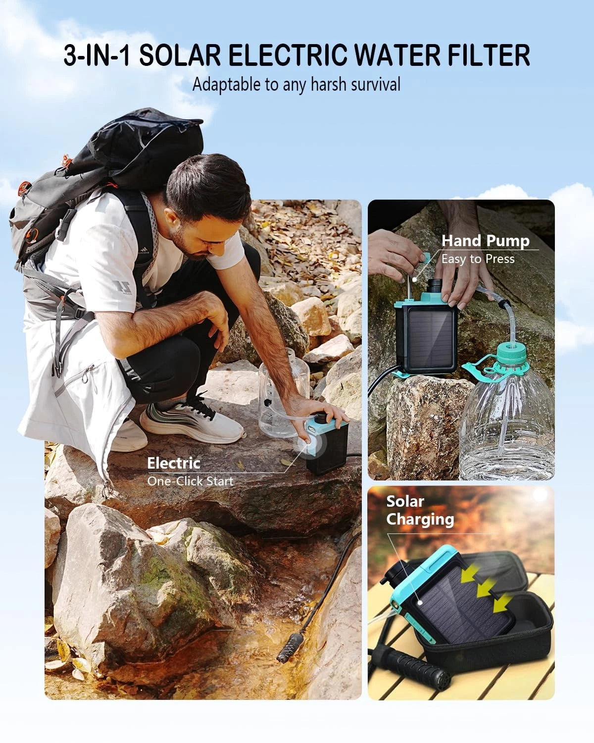 BKLES 3-in-1 Solar Electric Water Filter with Hand Pump - Camping Blue