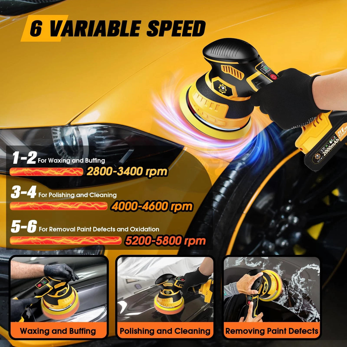 Niusken Cordless Car Buffer Polisher kit, DA with 2*21V 21V, Yellow