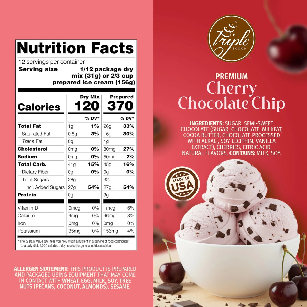 Triple Scoop Cherry Choc Chip Ice Cream Mix, Gourmet, Ready In 5 Min, 2 Pack