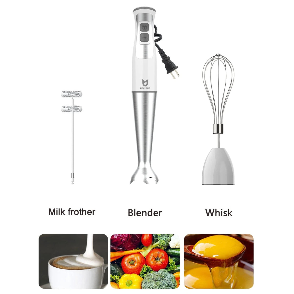 Immersion Hand Blender, UTALENT 3-in-1 8-Speed Stick Blender Compact, White