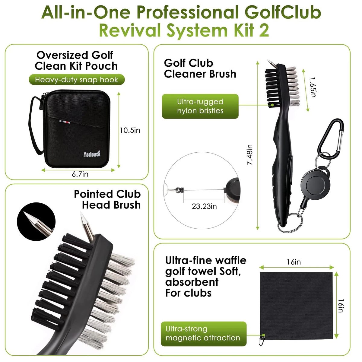 Aerlouxa 6-in-1 Golf Club Cleaning Kit - Cleaner, Grip Black