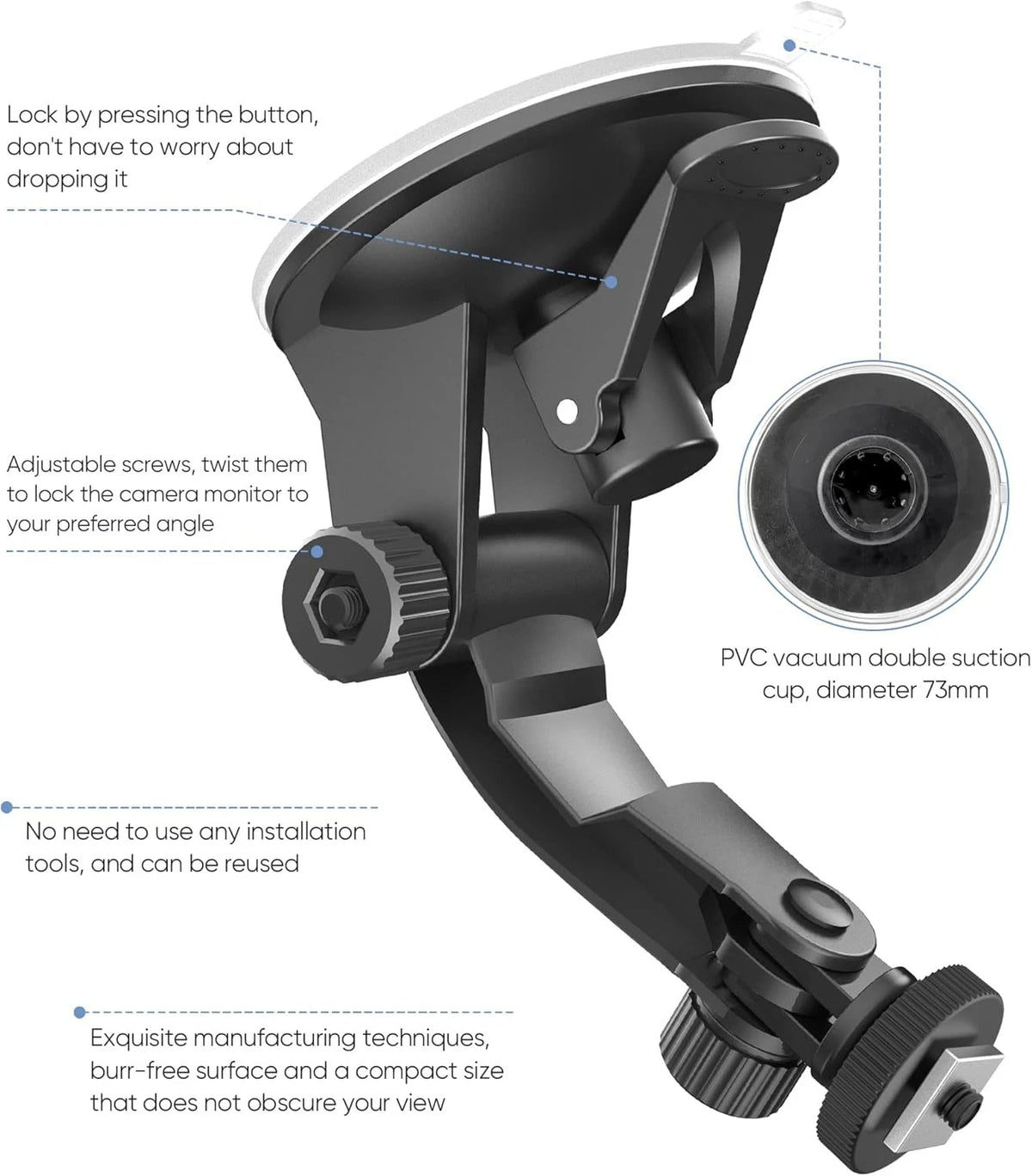 Pixelman Backup Camera Monitor Mount,(7/9 inch) Large Dual Suction Cup Black