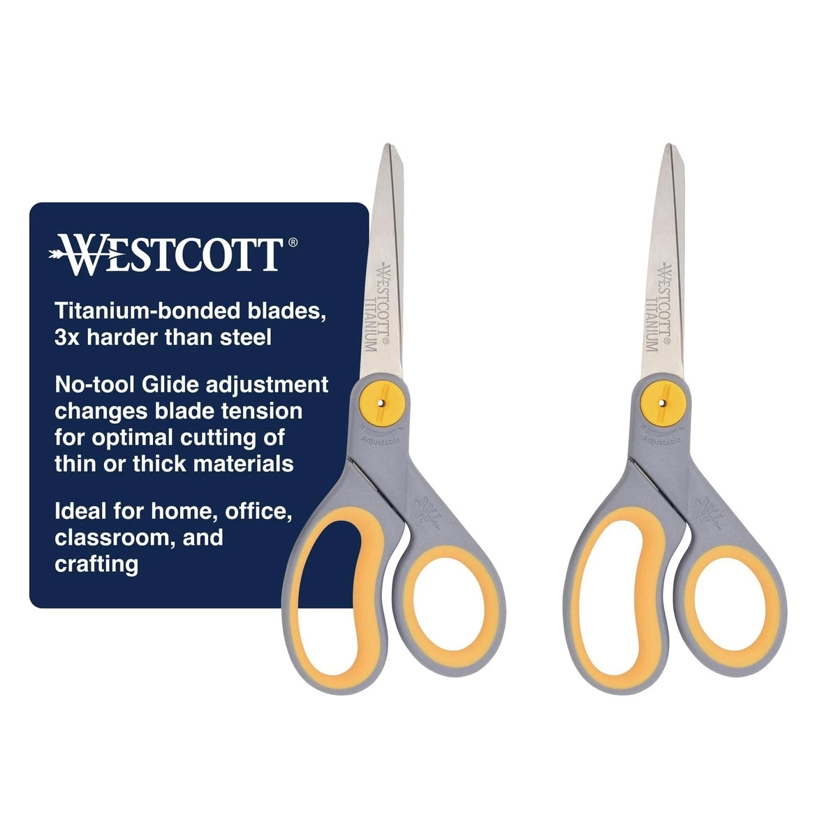 Westcott 8” Titanium Bonded Scissors with Adjustable 2-Pack, Gray/Yellow