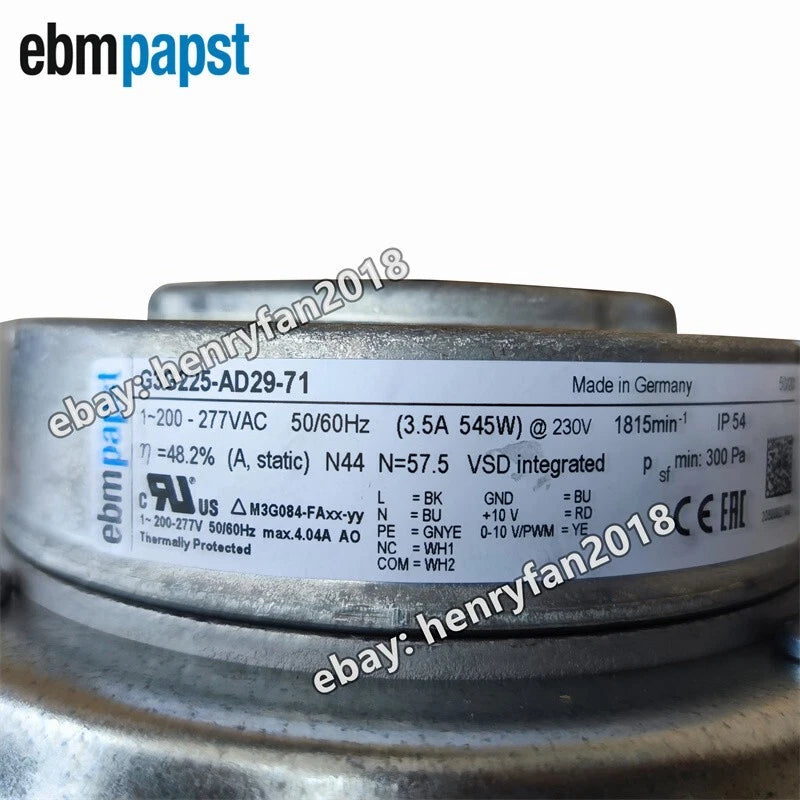 Ebmpapst G3G225-AD29-71 Centrifugal Blower Fan AC 230V 545W 3.5A Gas Boiler Fan