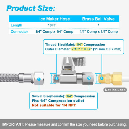 Refrigerator Water Line Kit - 10 FT Tubing with Valve for Ice 10 Feet, Silver