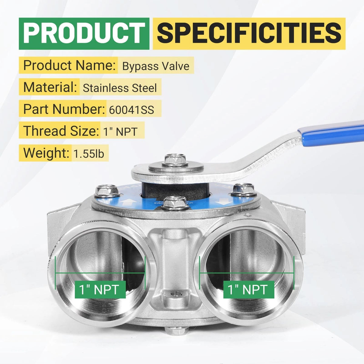 Rendrox 1" NPT Stainless Steel Bypass Valve Compatible with Fleck 1 Inch