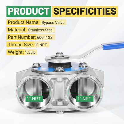 Rendrox 1" NPT Stainless Steel Bypass Valve Compatible with Fleck 1 Inch