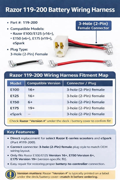 Razor 119-200 Battery Wiring Harness Replacement for E100 E125 E150 E175...