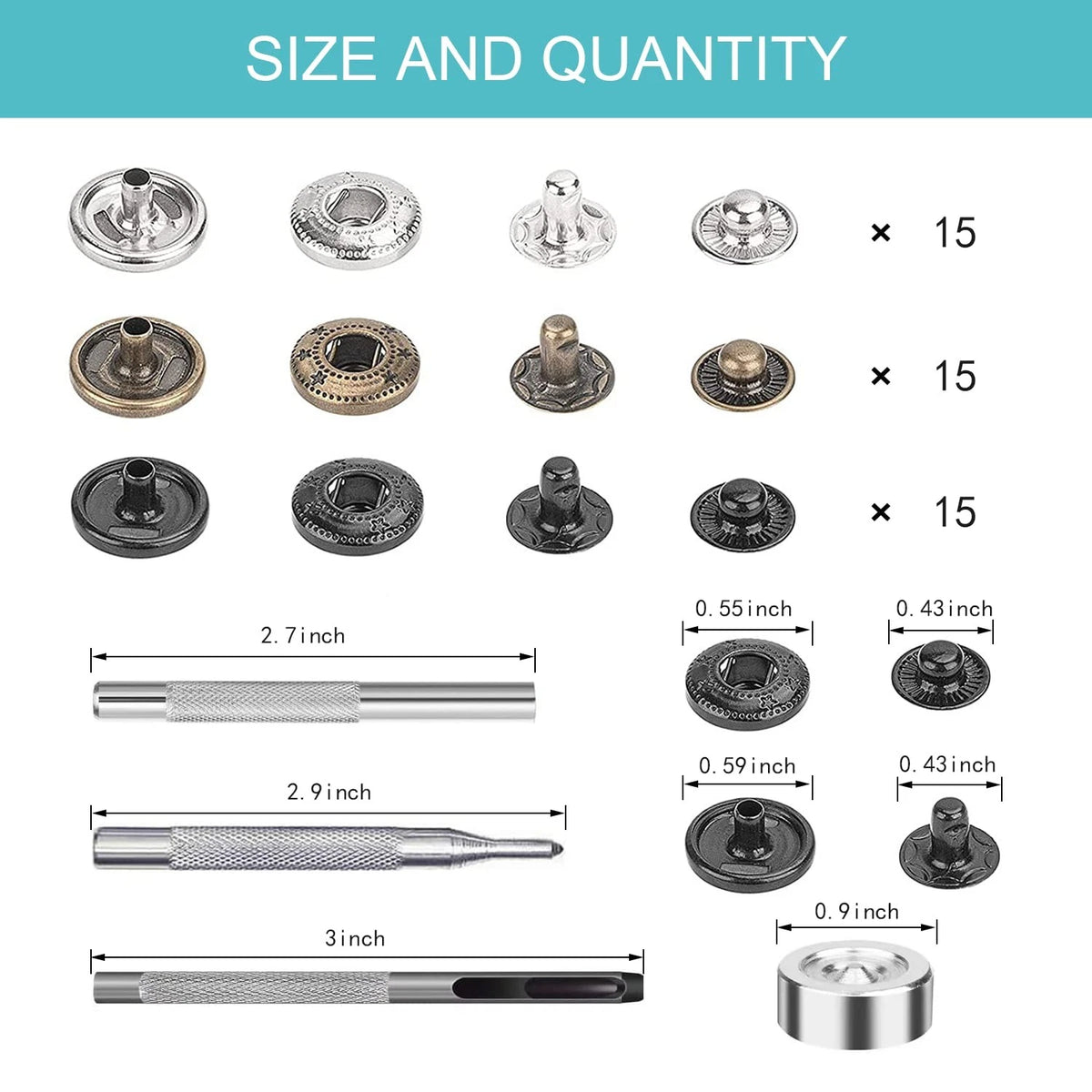 45 Set Leather Snap Fasteners Kit, 15mm Stainless Silver, Bronze, Jet Black