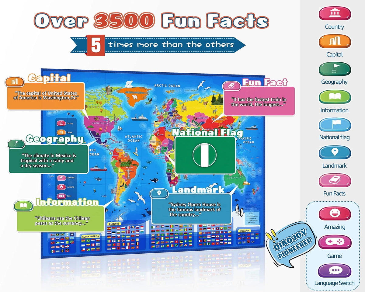 Qiaojoy Bilingual Interactive World Map for Kids Learning Large Poster, Blue
