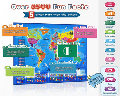 Qiaojoy Bilingual Interactive World Map for Kids Learning Large Poster, Blue