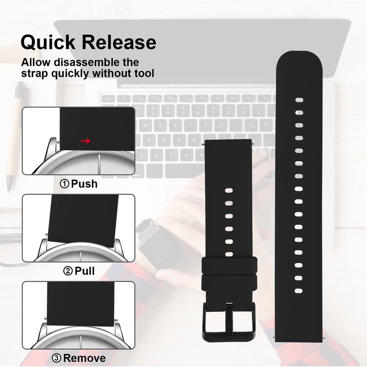 TIESOME 20mm Silicone Watch Bands, Quick Release Waterproof Soft 20mm, Black
