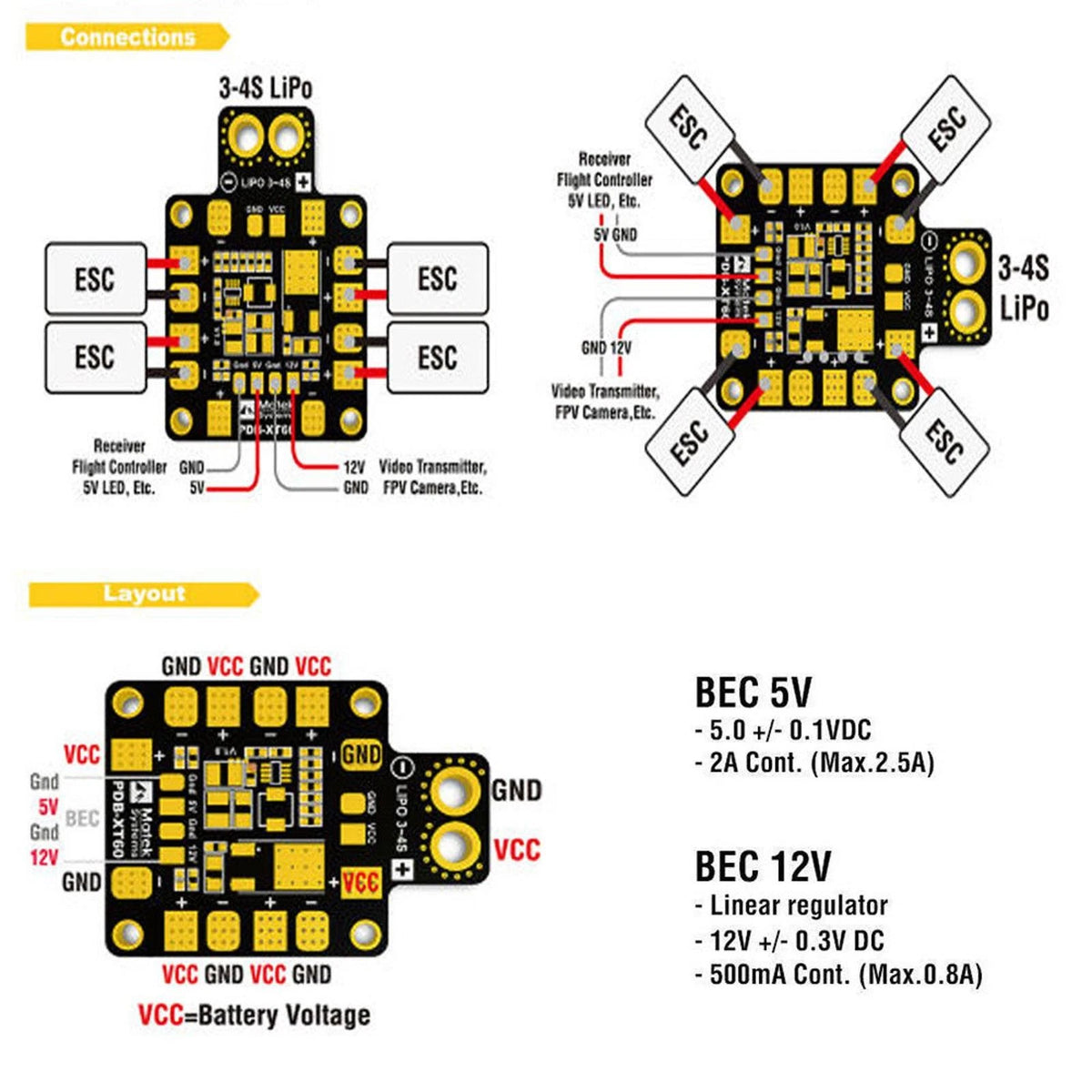 PDB-XT60 Copper Power distribution board W/ BEC 5V & 12V 2oz For RC Multirotors
