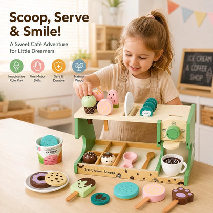 Wooden Ice Cream Shop & Kids Coffee Maker Playset - child-size, Pastel Green