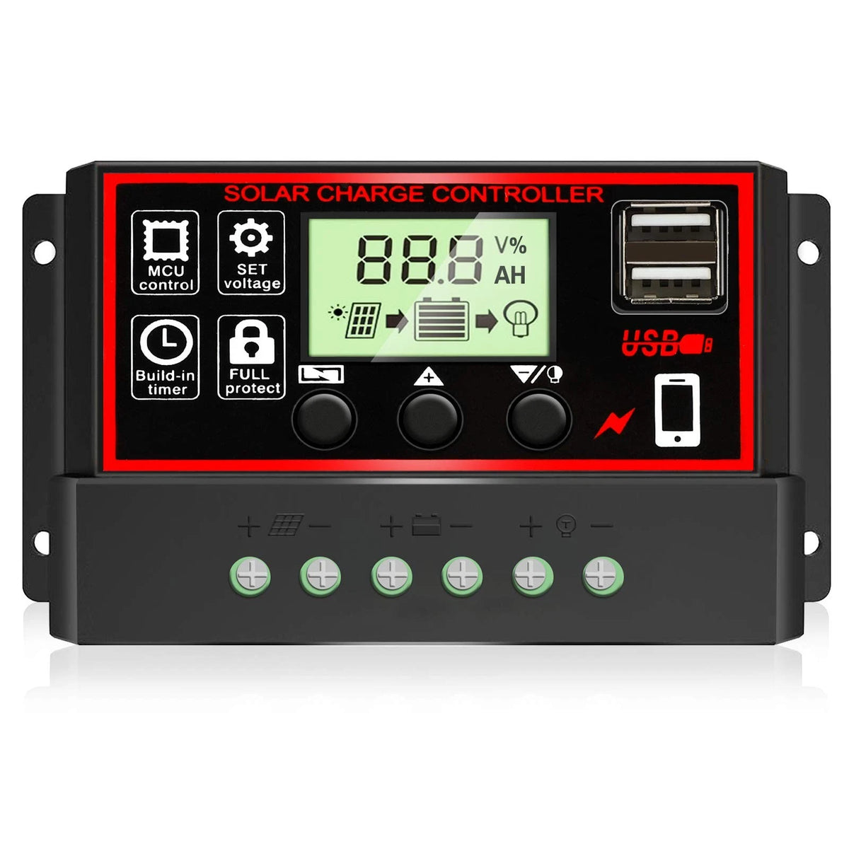 [Upgraded] 30A Solar Charge Controller, Black Panel 30A, red|black