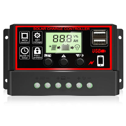 [Upgraded] 30A Solar Charge Controller, Black Panel 30A, red|black