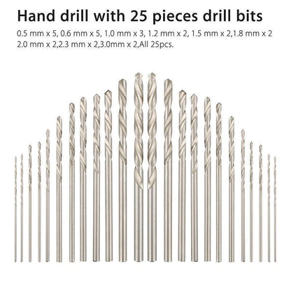 26Pcs Mini Micro Hand Drill Bit Kit Manual Keyless Chuck Pin Vise Rotary Tool