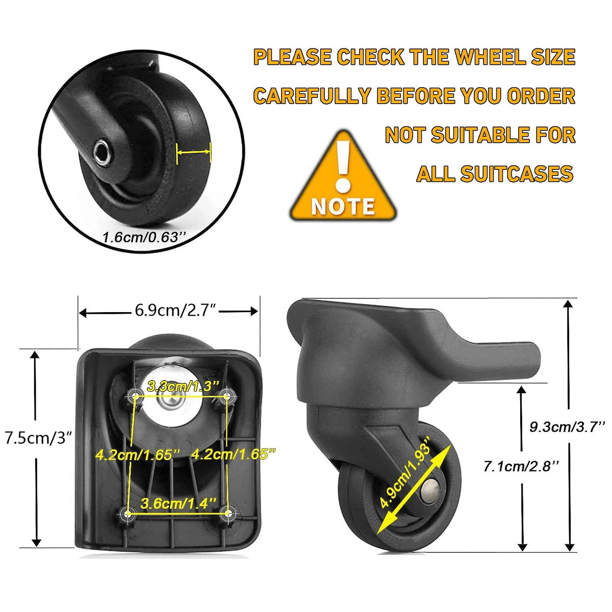 Universal Luggage Wheels Replacement Kit for Suitcase, Steel Core 360° Black