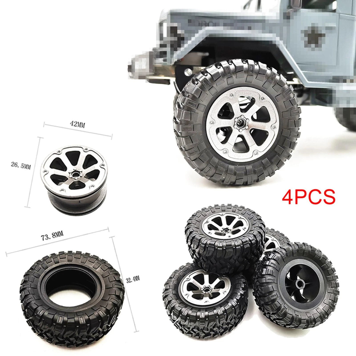4x 73.8*32.4mm Rubber Wheel Tire Rim For WPL B16 B36 B-14 C14 1/16 RC Car Truck