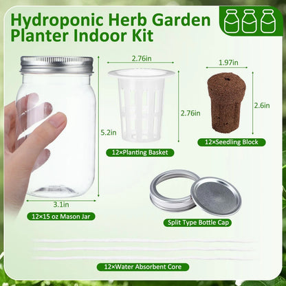 Teenyyou 12 Set Hydroponic Garden Mason Jar 6.5 x 3.46 inches, Clear, Black