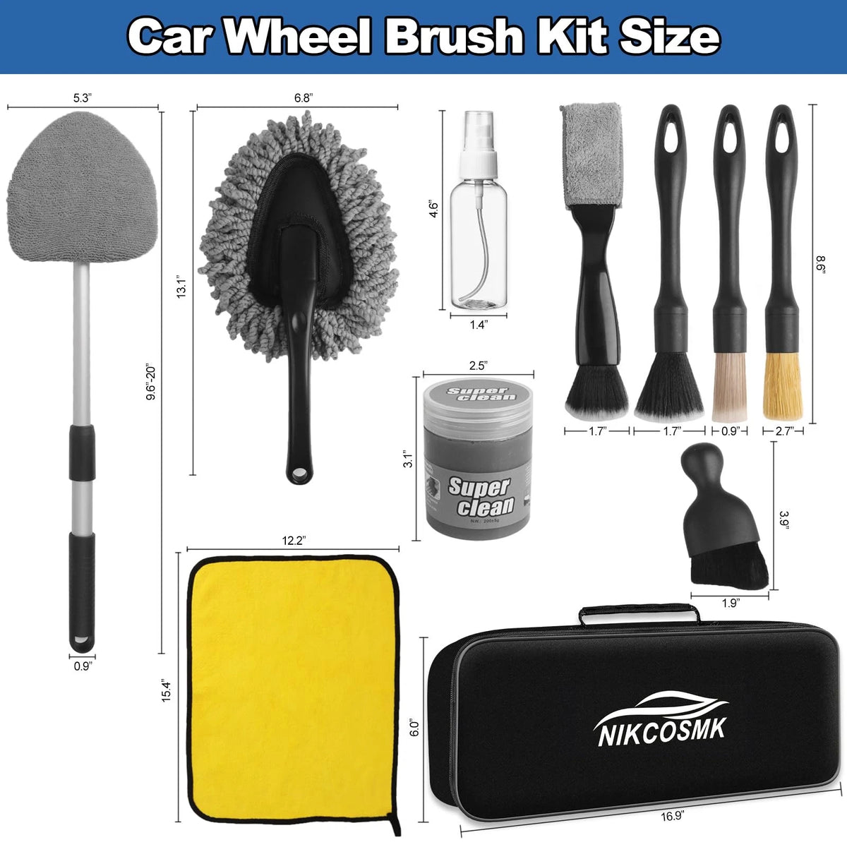 NIKCOSMK Windshield Cleaner Tool, 14Pcs Car Cleaning Kit - Interior Black