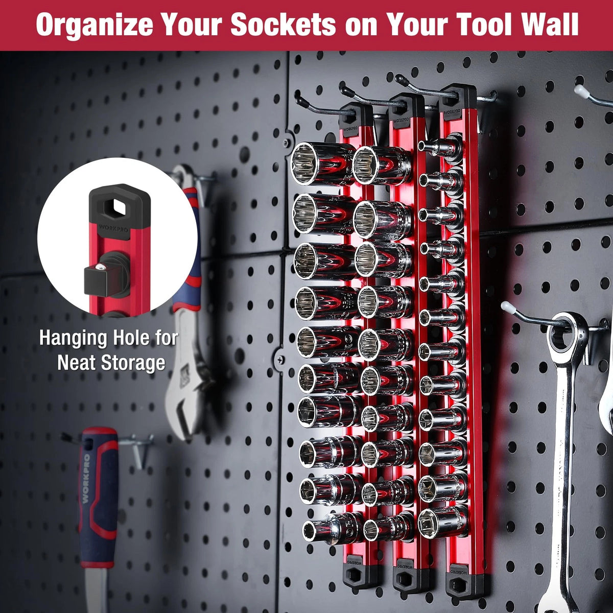 WORKPRO Magnetic Socket Organizer, 3/8-Inch Drive Aluminum Alloy 3/8" DR, Red