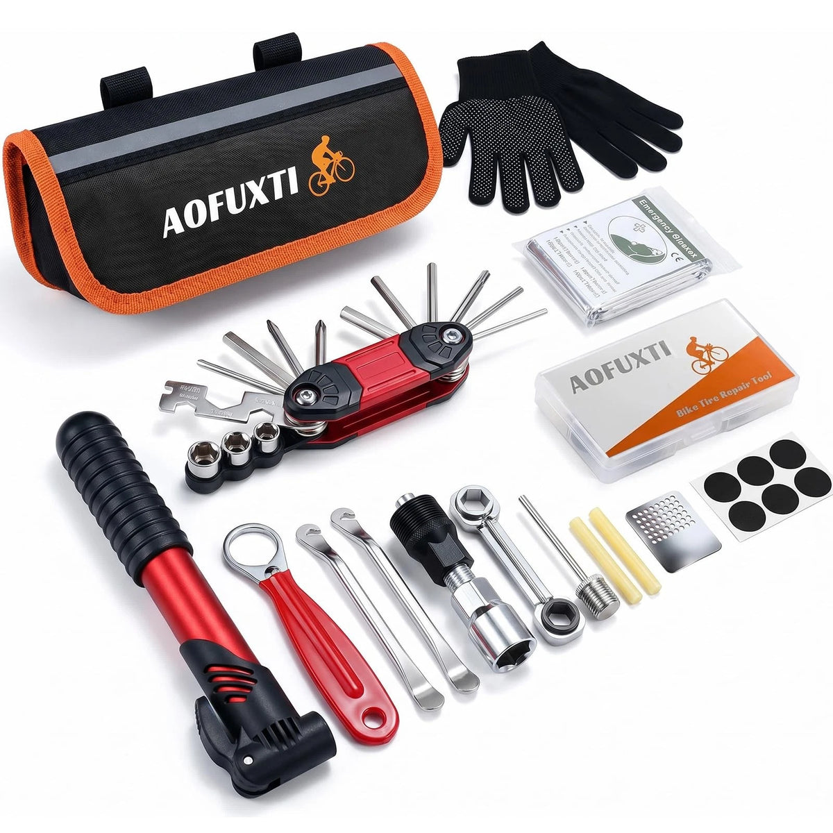 AOFUXTI 14-Piece Bike Repair Kit with Tire Pump, Portable and Large, Black