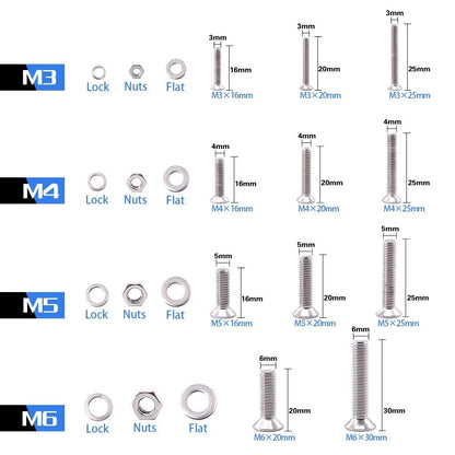 Glarks 665Pcs 304 Stainless Steel M3 M4 M5 M6 Phillips Flat Head M3, Silver