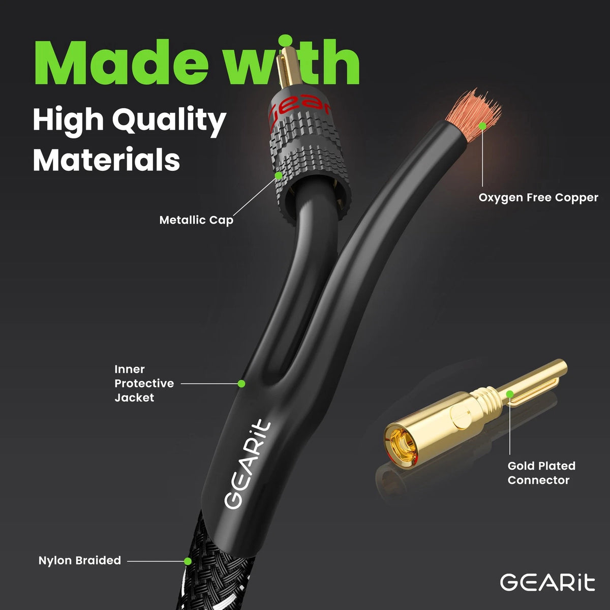 GearIT 12AWG Speaker Cable Wire with Gold-Plated Banana Tip 6 Feet, Black