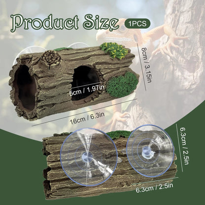 Reptile Hide, Resin Hollow Log Cave with Two Strong Suction Cups,Gecko brown