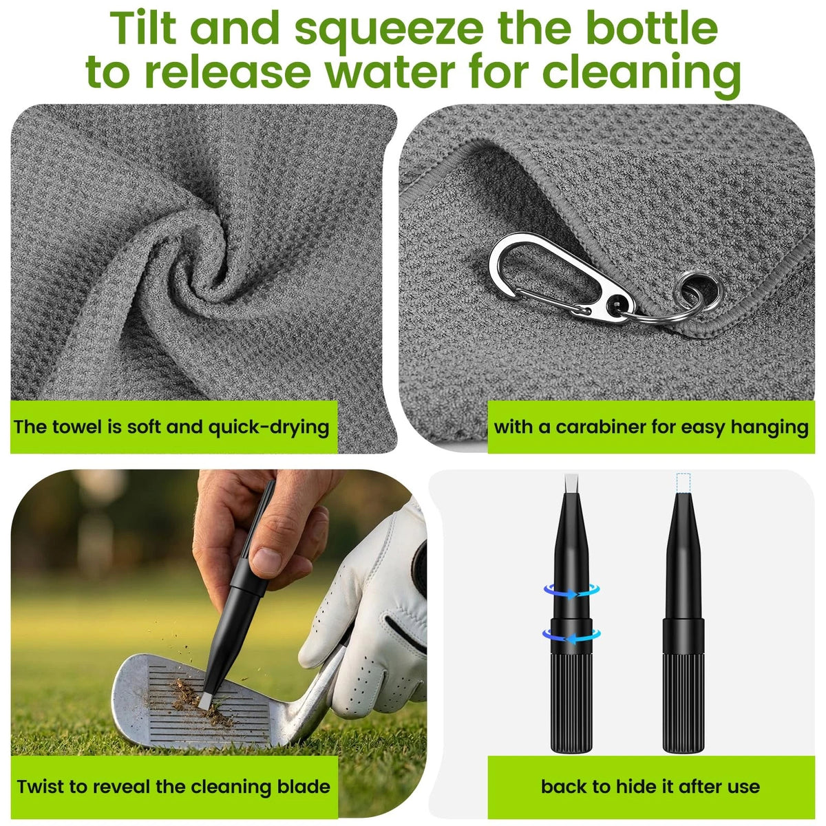 Quwiunx 3-in-1 Golf Club Brush Cleaner Kit with Rotating Protective Black