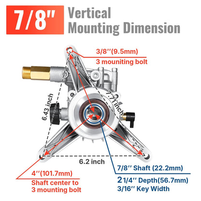 YAMATIC 7/8" Shaft Vertical Pressure Washer Pump Rear Inlet 3000 PSI, Silver