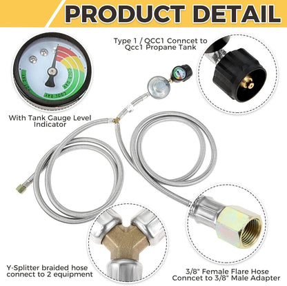 5 Feet Y-Splitter Low Pressure Propane Regulator Double Braided Hose Black