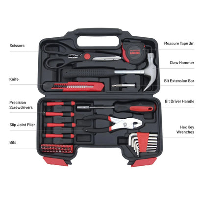 Hantinstom 39-Piece Household Tools Kit Essential Home Repair Set 39p-red