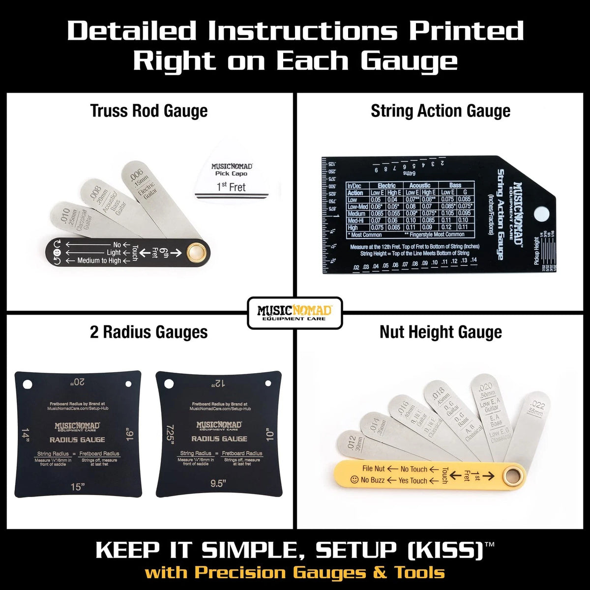 MusicNomad Precision 6 pc. Guitar Setup Gauge Tool Set - 5x6x2 inches, Black