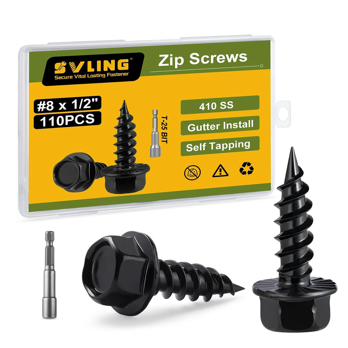 SVLING #8 x 1/2" Self Tapping Gutter Screws, 110PCS 410 #8x1/2", 410SS Black