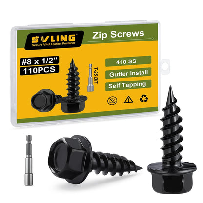 SVLING #8 x 1/2" Self Tapping Gutter Screws, 110PCS 410 #8x1/2", 410SS Black