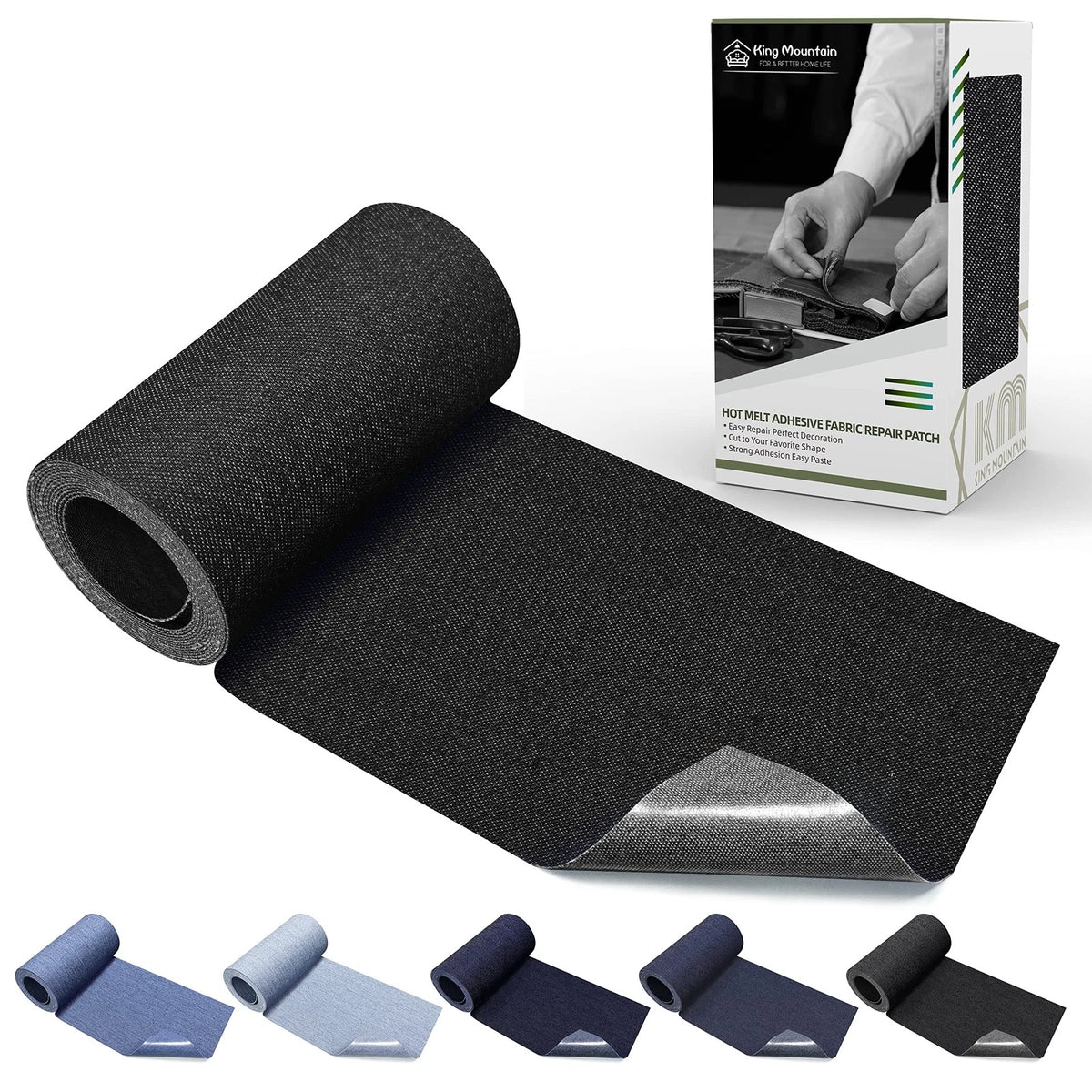 KING MOUNTAIN Iron-on Repair Patch,3"x60" Cotton Denim-3"x60", Black