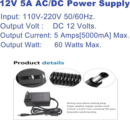 12V 5A Power Supply - Universal AC 100-240V to DC Adapter with Black