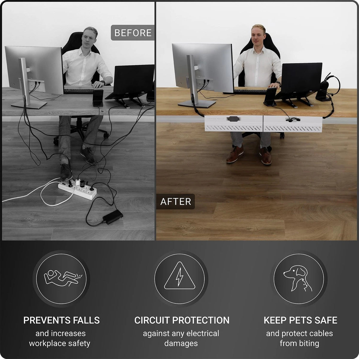 Under Desk Cable Management Tray no Drill – Wire 2 pieces set, White