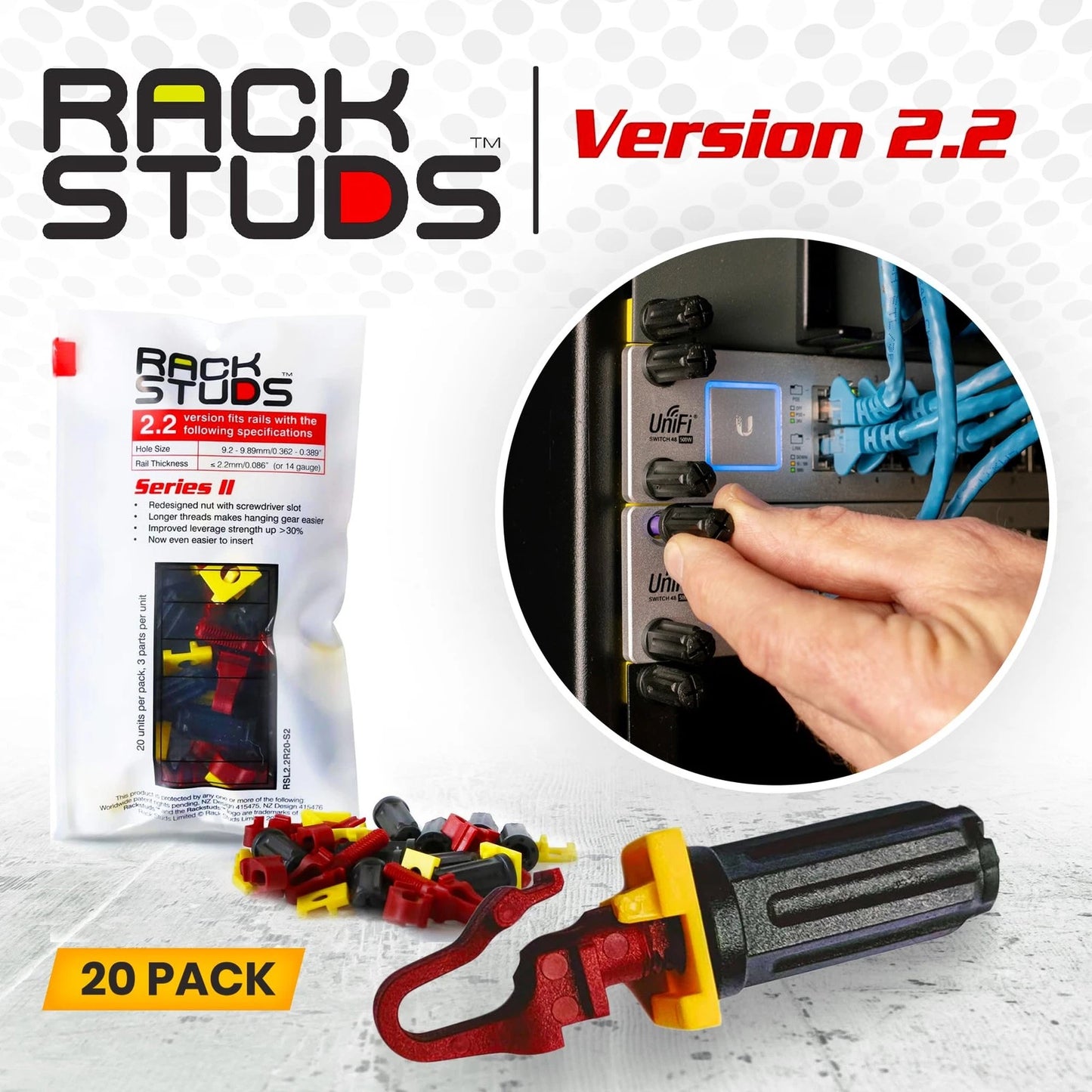 Rackstuds R20 Series II - Server Rack Screws 20 Pack | Cage Nut 20 Pack, Red