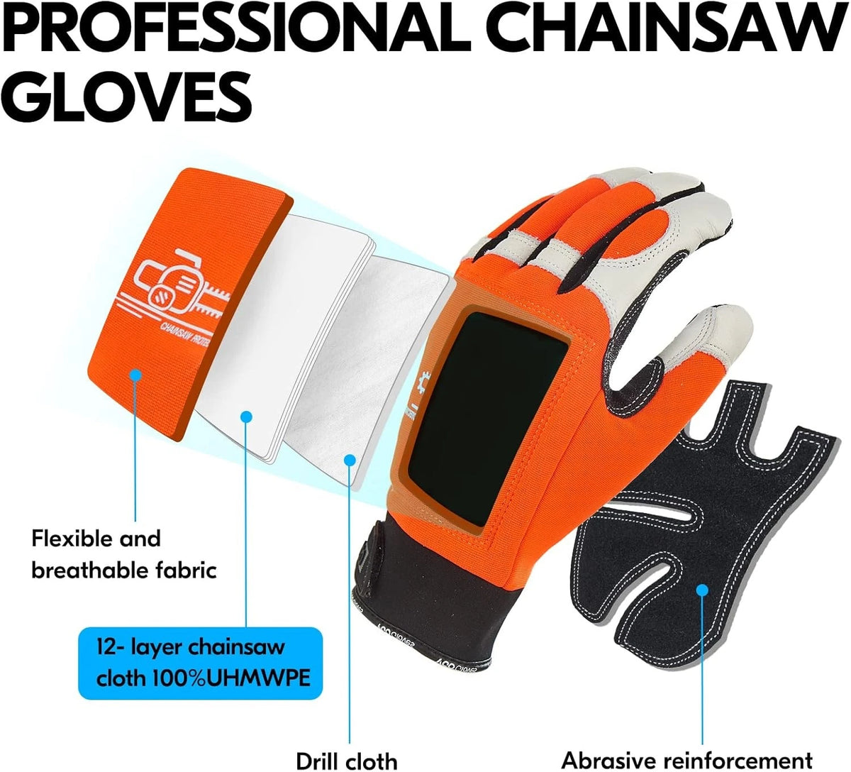 Vgo... Chainsaw Gloves,12-Layer X-Large (Pack of 1), Orange-left Protection