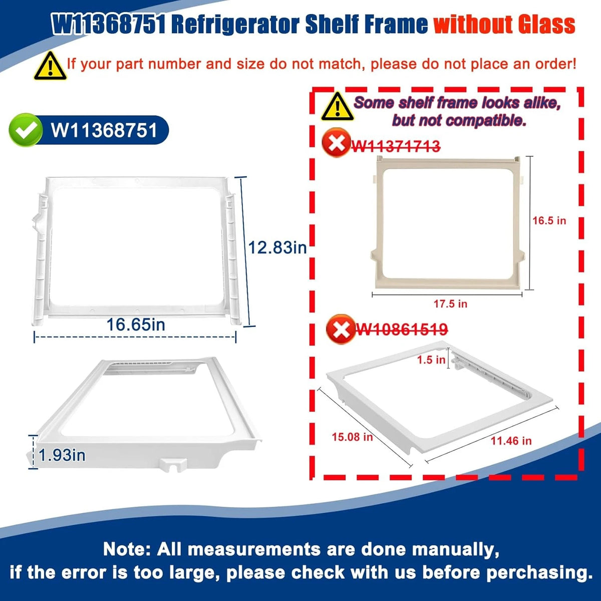 W11368751, W10905531 Refrigerator Shelf Frame(no glass) Compatible with white